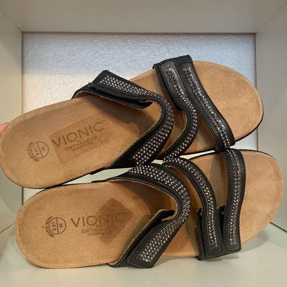 Vionic Afton Black Leather Rhinestones Adjustable Straps ComfortSlip On Sandals - Picture 7 of 11